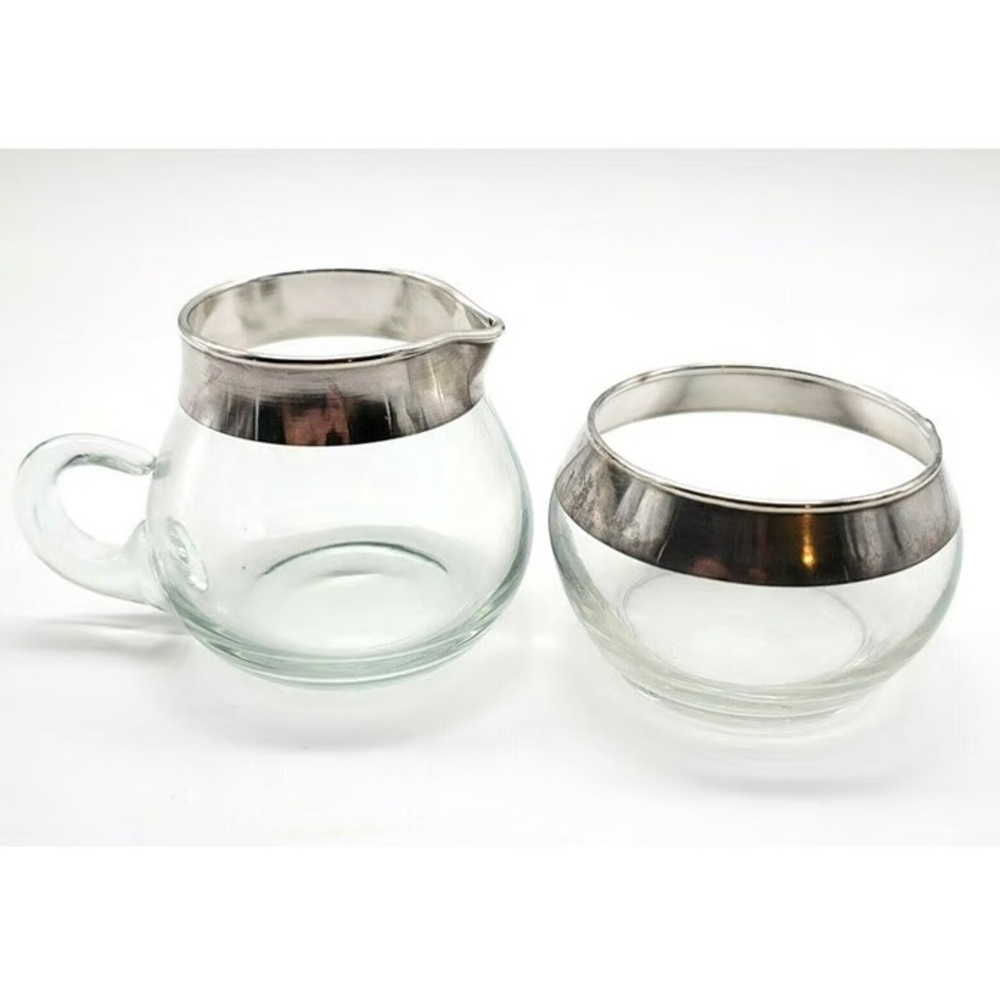 Vtg Dorothy Thorpe Sterling Silver Band Cream & Sugar Glass Roly Poly